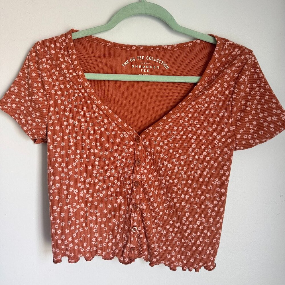 Aeropostale Small The OG Tee Collection Brown/Orange Color With White Flower Des